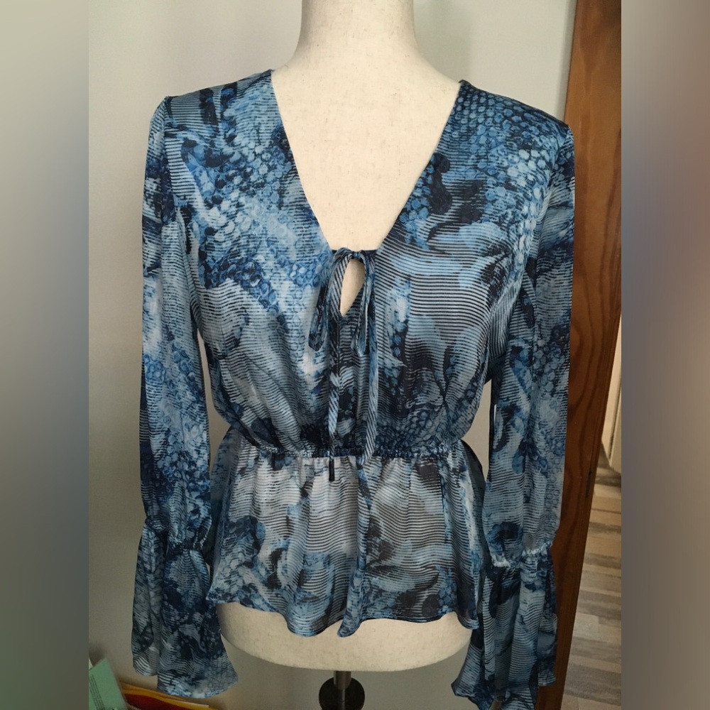 Guess Blue Printed V-Neck Long-Sleeve Peplum Top
